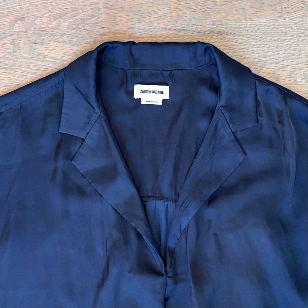 Zadig & Voltaire Tamy Satin Blouse Navy Oversized Quiet Lux Womens Size Small - Picture 4 of 10